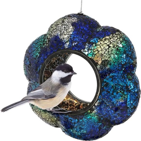 Indigo Flower Fly-Through Bird Feeder Unique Hanging Outdoor Decorative Glass